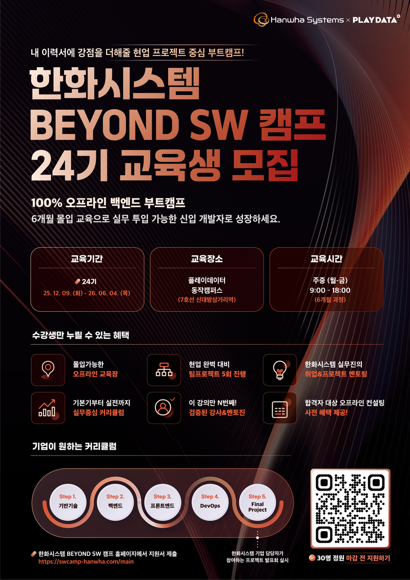 한화시스템 BEYOND SW 캠프 24기 백엔드 부트캠프 교육생 모집